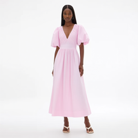 Nouvelle Robe Midi Femme Élégante Rose Col V Plissée Manches Bouffantes Coupe Évasée Manches Courtes Été Personnalisée pour Vacances