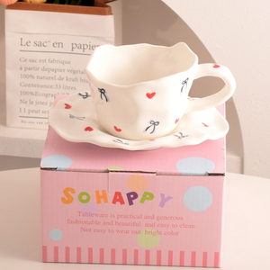Ensemble tasse et soucoupe en céramique faite à la main, style nœud floral, 200 ml, forme irrégulière, en porcelaine, pour cadeau, latte ou thé - Product Image 4