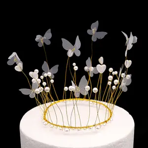金属蛋糕装饰花冠珍珠装饰蝴蝶皇冠生日派对装饰