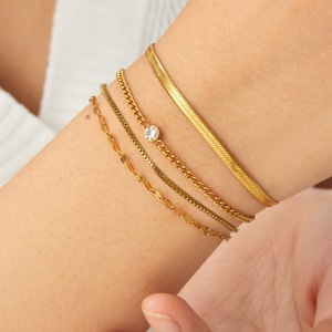 Gold Plated Stainless Steel Layered Chain <b>Bracelet</b> <b>Set</b> With Diamond Inlay For Women Fashion Jewelry - Product Image 1