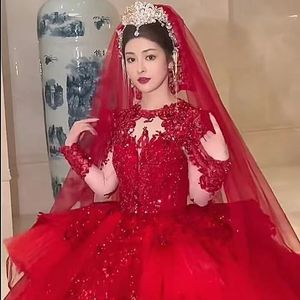 NDB10497 Abito da <span class=keywords><strong>Sposa</strong></span> di Lusso con Maniche Lunghe, Stile Elegante, Colore <span class=keywords><strong>Rosso</strong></span> - Product Image 2