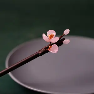 Horquilla de pelo chino para cabello largo y grueso, horquilla con flor rosa con madera negra, 2022
