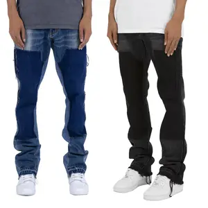 Modedesigner Stil Herren bekleidung OEM Kontrast Panel Stone Wash Raw Hem Baggy Work Flare Denim Jeans