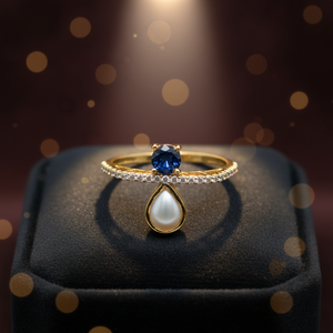 Elegante Anillo de Oro con Piedra Azul y Dije en Forma de Lágrima con Banda con Acentos de Diamantes para Mujer, Ideal para Fiestas y Bodas - Product Image 3