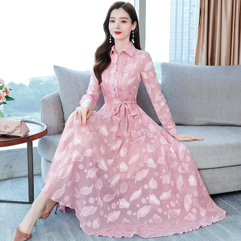 Hot sell big swing chiffon dress floral printing fit long sleeve ladies smart casual dress daily wear women lace dresses