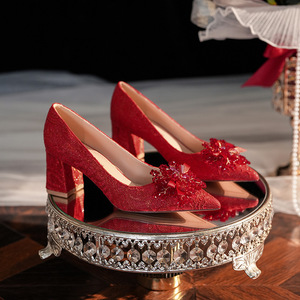Zapatos de Tacón Alto con Pedrería y Flores de Satén Rojo para Mujer, Zapatos Formales de Boda con Punta Puntiaguda y Tacón Grueso para Vestido de Noche - Product Image 4