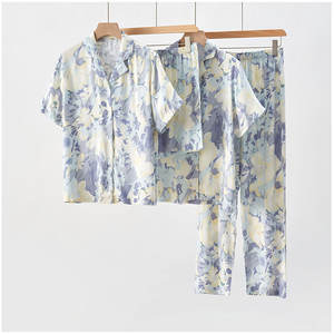 פיג 'מות קל משקל ויסקוזה סאטן רטרו ציור שמן רטרו הדפסה שרוול קצר עליון ומכנסיים ארוכים - Product Image 1