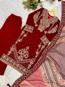 Conjunto de Vestido Étnico de Tres Piezas: Kurti Tradicional de Georgette con Bordado de Cordón, Pantalones Palazzo y Dupatta Coordinada - Product Image 3