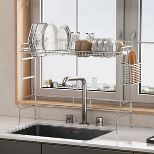 Kitchen Countertop <b>Dish</b> Drain Storage Rack 304 Stainless Steel Rust-Proof Cutlery Organizer Double Includes Chopstick Basket - Product Image 5