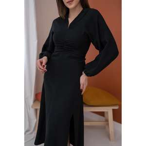 Elegante Vestido Tubo Negro de Crepé Fruncido con Cuello en V y Cintura Natural, Cómodo para la Noche - Product Image 1