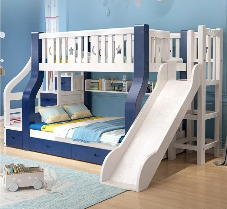 jeerbly Cadre de lit pour enfant avec toboggan et échelle lit superposé pour enfant avec échelle réglable et toboggan blanc, 190 x 90 cm