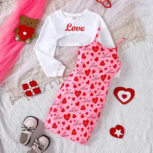 wholesale 6-12 years children clothes new fashionable short top+love printed suspender dress set teen girls dress clothing set