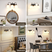 Appliques murales vintage à 3 lumières pour salle de bain, métal noir, abat-jour en verre dépoli, douille E26 pour éclairage intérieur, couloir, porche