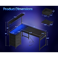 Bureau de jeu d'angle en forme de L moderne de 43 pouces avec étagère / port USB / prise de courant Lumière LED RVB réversible Bureau d'ordinateur avec tiroirs