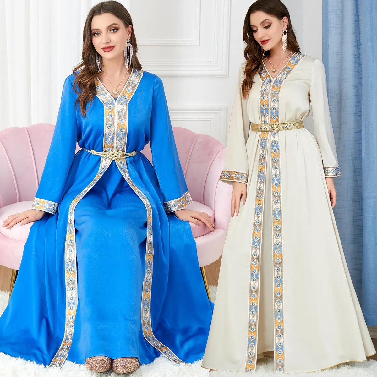 Wholesale Dubai Dress Women Muslim Sets Lace Tape Abaya Kaftan Moroccan Wedding Belted Elegant Split Dubai Arabic Turkey Clothes