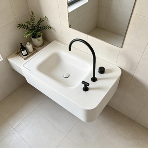 Lavabo de Baño Integrado de Piedra Artificial Personalizado OEM, Mueble de Baño de Superficie Sólida Acrílica con Ranura de Drenaje para Hotel o Villa - Product Image 3