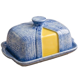 Pot à beurre en céramique avec couvercle, bleu denim, texture tissée, style vintage, conservation de la fraîcheur, récipient de rangement pour la cuisine - Product Image 1