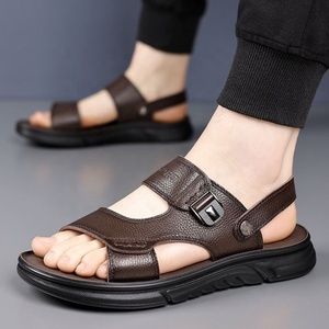 Sandales en cuir véritable pour hommes, à bout ouvert, semelle extérieure en EVA, à enfiler, chaussures d'été, motif léopard, résistantes aux chocs, confortables pour papa - Product Image 2