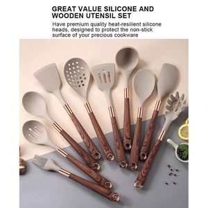 Hot Selling Wood Grain Covered Handle Silicone Kitchen Utensils Set Nonstick Kitchenware Spoon Spatula Turner Tongs Gadgets Kits - Product Image 2
