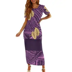 Customized Purple Stripe Printing Two-Piece Set Skirt Tongan Dresses Hawaiian Summer Off Shoulder Clothing