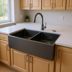 Évier de cuisine double cuve noir canon de fusil, style ferme, 33x21x10, avec façade d'abattage, en acier inoxydable finition mate - Product Image 2