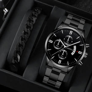 ホットセール合金ファッションステンレス鋼クォーツ時計ブレスレットセットクラシックボーイブラック男性用ジュネーブウォッチ - Product Image 3