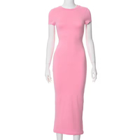 Vêtements pour femmes européennes et américaines, nouvelle mode, robe à manches courtes, couleur unie, col rond, coupe ajustée