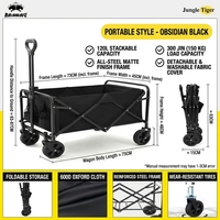 Chariot de camping pliable léger et portable 75x45cm, chariot compact pliable avec poignée de poussée et de traction 0-90° °