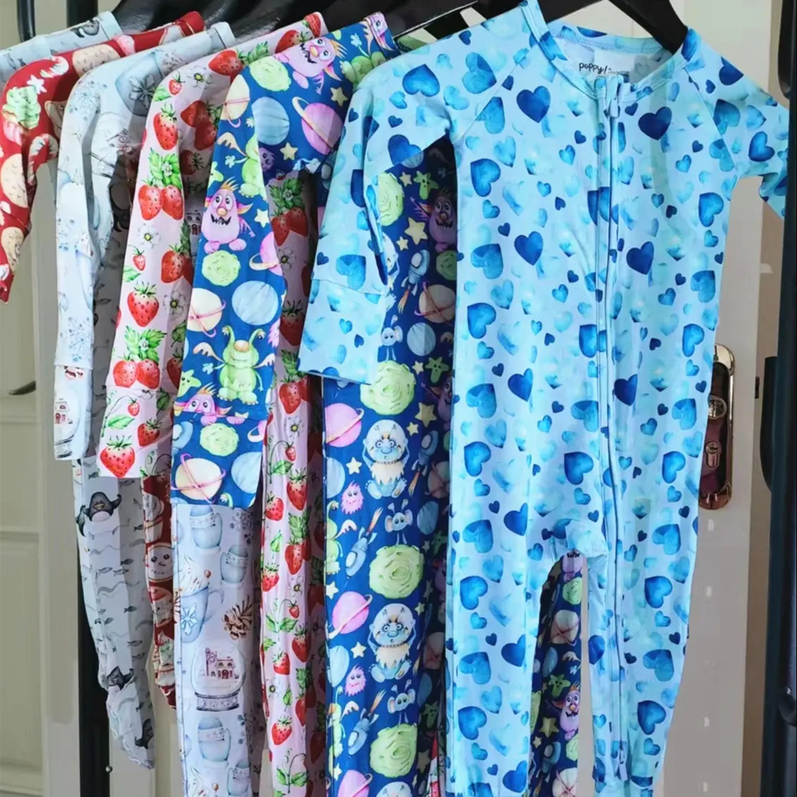 Custom Rugby Football Print Zipper Organic Bamboo Baby Clothes Rompers Baby
