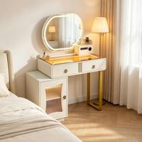 Ensemble de table de maquillage avec miroir ovale LED blanc, table de maquillage avec armoire latérale et pieds dorés pour petite chambre