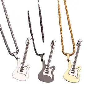 New Hip-hop trendy men's artistic youth rock necklace European and American retro stainless steel guitar pendant necklace