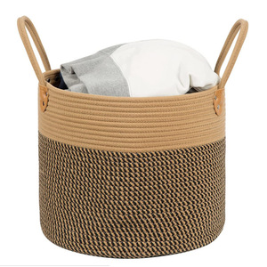 Panier de rangement rond en fil de coton avec poignées, organisateur de vêtements multifonctionnel pour le linge et le rangement des jouets - Product Image 1