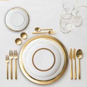 Nuevo diseño, utensilios de cocina de lujo nórdicos, bandeja de porcelana con borde dorado ancho, restaurante occidental, plato de Pizza creativo, vajilla de porcelana - Product Image 1