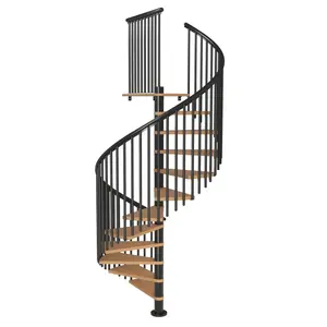 单个小空间螺旋楼梯黑色粉末涂层泰国橡胶木胎面楼梯