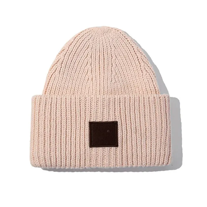 Wholesale Custom Logo Leather Patch Warm Wool Knit KB Cuffed Beanie Unisex Winter y2k Beanies Hat For Women Men