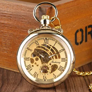 Retro Male Pendant Fob Chain Clock Skeleton Steampunk Hand-Winding Golden Mechanical Pocket Watches For Men
