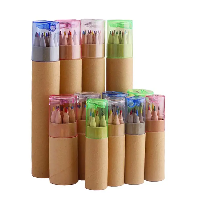 Hot Sale Paper Tube Box Verpackung Mini 6pcs Color Art Zeichenstift 12 PCS Long Pencil Set mit Anspitzer