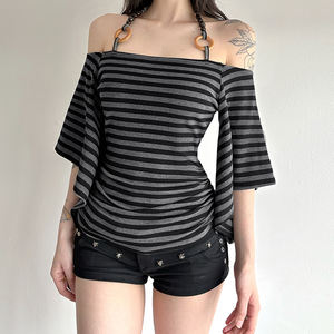 Top de punto para mujer estilo Y2K con manga murciélago, patchwork de cuentas, hombros descubiertos y cintura con lazo a rayas - Product Image 2