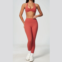 Set Olahraga Berkualitas Tinggi GH, Bra Olahraga Halter V-Neck, Legging Pinggang Tinggi, Kontrol Perut, Set Yoga Fitness