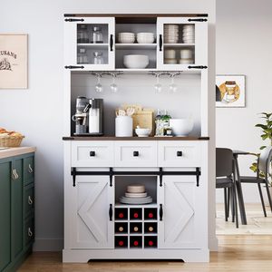<span class=keywords><strong>Haut</strong></span> <span class=keywords><strong>buffet</strong></span> de cuisine de ferme avec portes de grange coulissantes et clapier de rangement et 3 tiroirs - Product Image 4