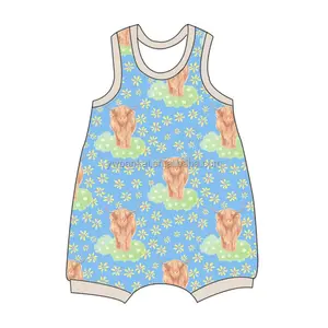 Boutique Summer Baby Boy Clothes Custom Highland Cow Pattern Crew Neck Sleeveless Bubble Rompers