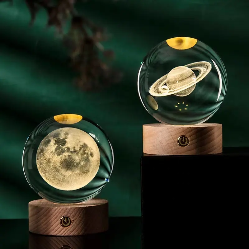 Custom 3D Engraved K9 Crystal Clear Glass Ball Beautiful Home Decoration with Wooden LED Base for Art Theme Gift
