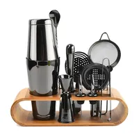 Perlengkapan Barware Baja Tahan Karat Pabrik, Set Peralatan Bartender, Shaker Koktail Boston, Hadiah Perjalanan, Dudukan Bambu - Logam Premium
