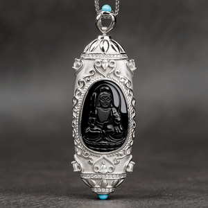 Pendentif Bouddha en jade noir véritable naturel, esprit protecteur du zodiaque, avec perle céleste incrustée d'argent S925 et pierre de naissance - Product Image 2