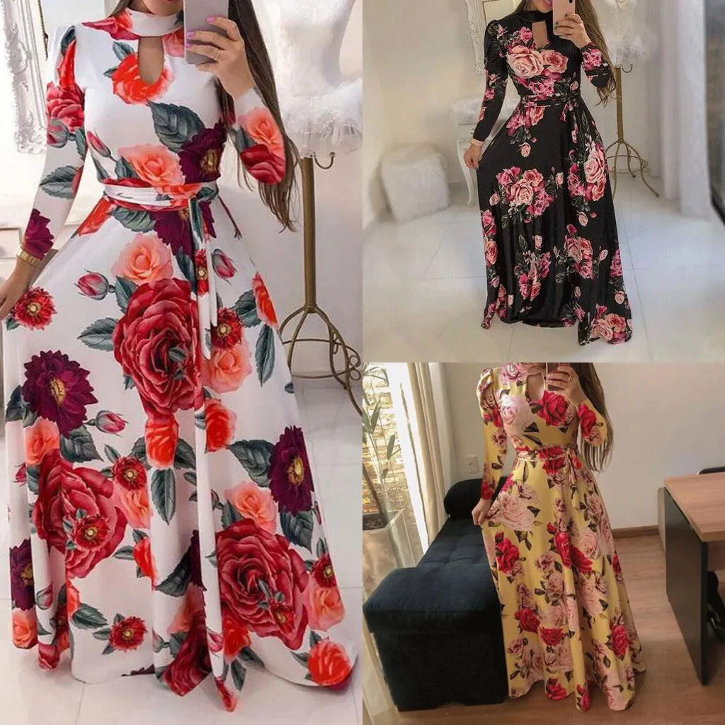 Haute qualité Sexy mode Maxi robe à manches longues dames femmes dames décontracté Floral longue maxi robe avec ceinture