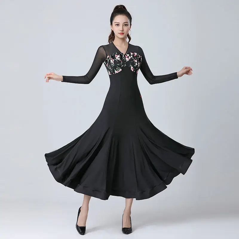 Doubl gaun dansa Morden baru gaun dansa ballroom rok pertunjukan V-neck rok latihan tari ballroom swing