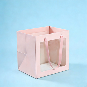 Bolsas de Papel Rosa Personalizables con Ventanas Transparentes y Asas Retorcidas para Arreglos Florales y Empaque de Regalos - Product Image 1
