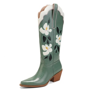 Handmade Green PU Leather Knee-High Western <strong>Cowboy</strong> <strong>Boots</strong> for Women Custom Floral Inlay Embroidered Pointed Toe Autumn Winter - Product Image 3