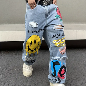 Jeans <span class=keywords><strong>en</strong></span> denim imprimé graffiti Y2K personnalisés pour hommes, streetwear, coupe ample, délavés, déchirés, style décontracté - Product Image 2