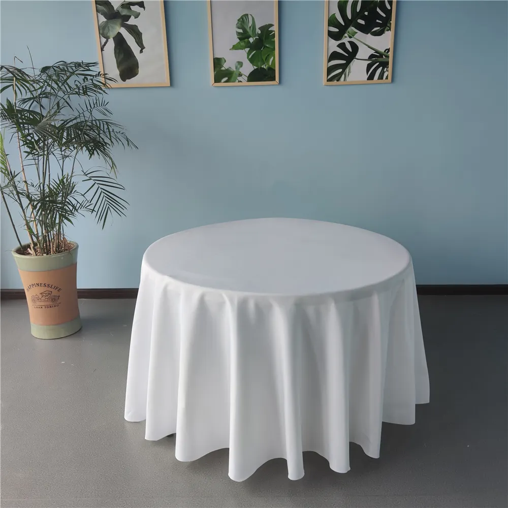 Vente en gros polyester personnalisé blanc 120 pouces rond en plein air fête banquet mariage nappe nappes pour événements